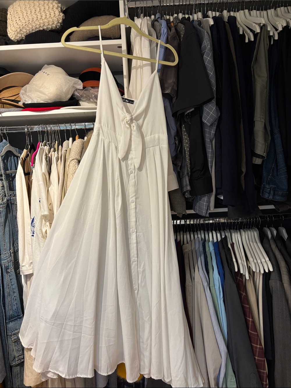 White Spaghetti-Strap Tie-Front Button Maxi Dress